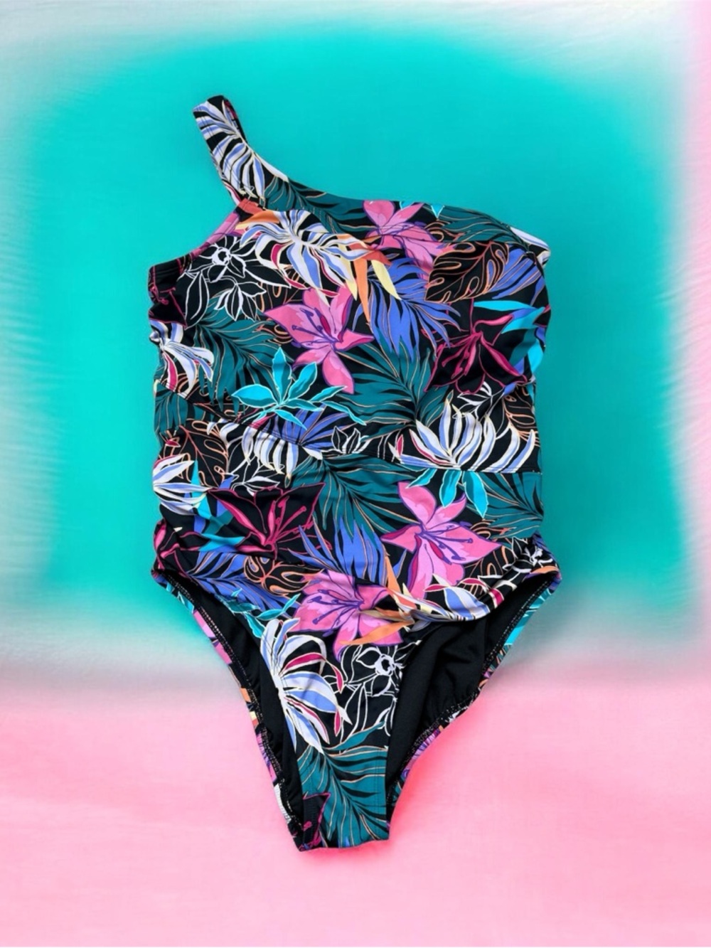 Floral One-Shoulder Women's Swimsuit - Black with Multicolor Tropical Print